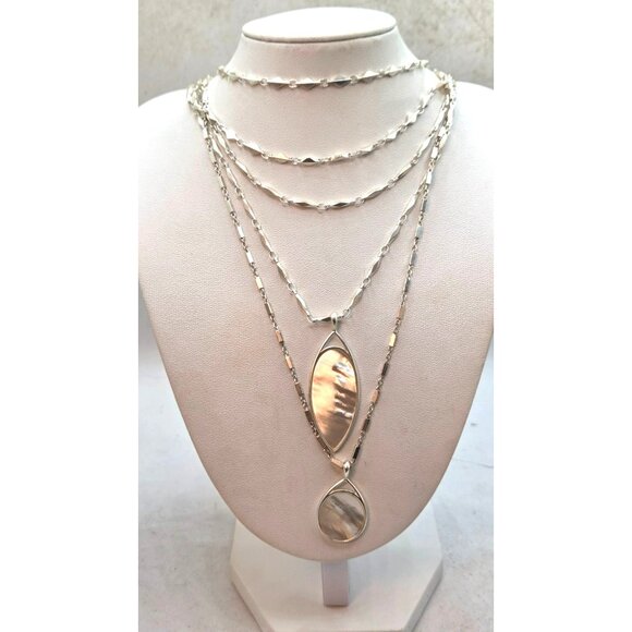 Stella & Dot Triple Layer Silver Necklace With Mother Of Pearl Pendants - Picture 2 of 4